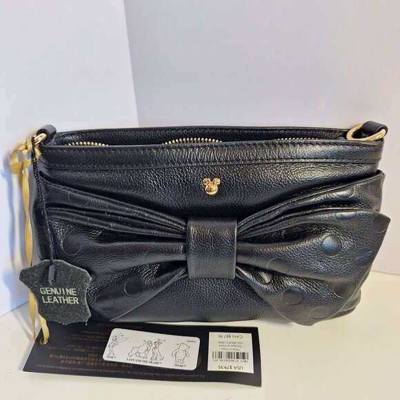 Disney Store Black Minnie Mouse Polka Dot Bow Lrather Gold Accents Dust Bag New - Picture 2 of 10